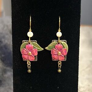 Pink and Gold Floral Earrings with Enamel Design